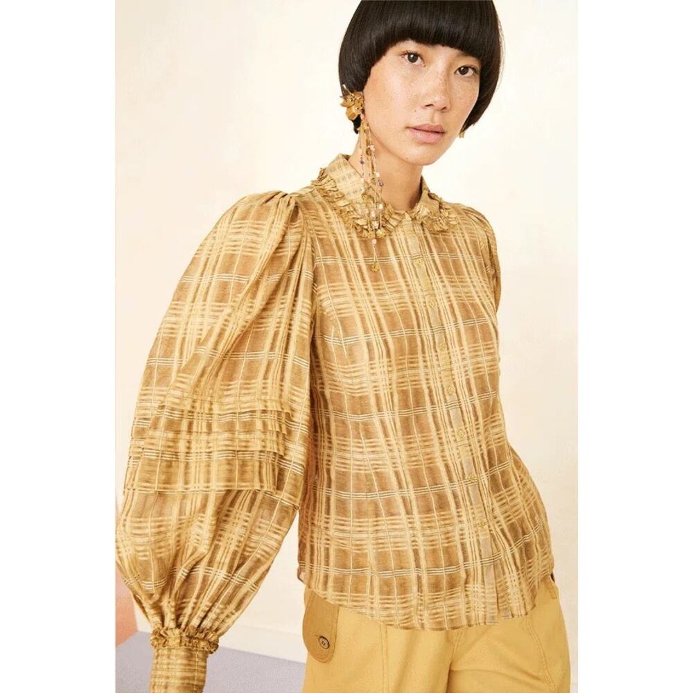 NWT Ulla Johnson Circe Plaid‎ Blouse Chamomile Size 0 Ruffle Puff Sleeve Blouson
